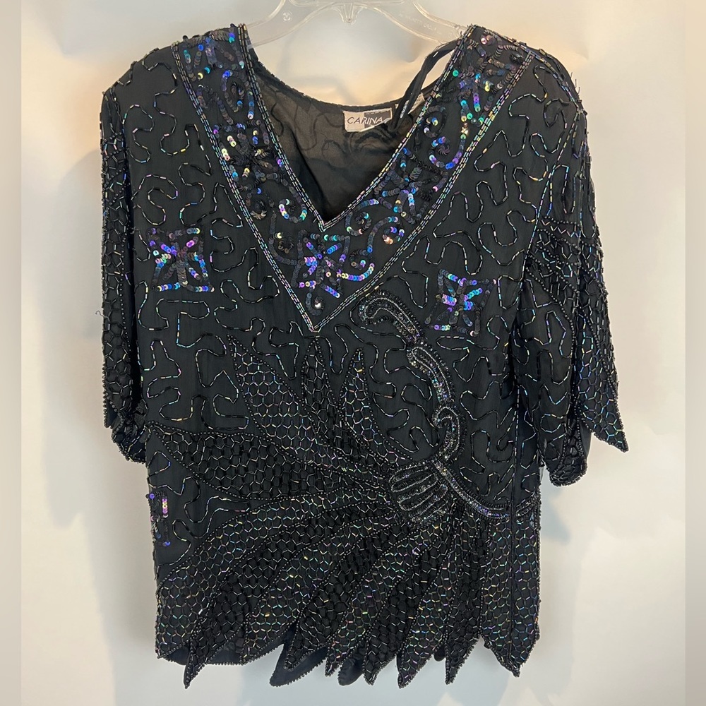 Carina Vintage Sequined Embellished Short Sleeve Top